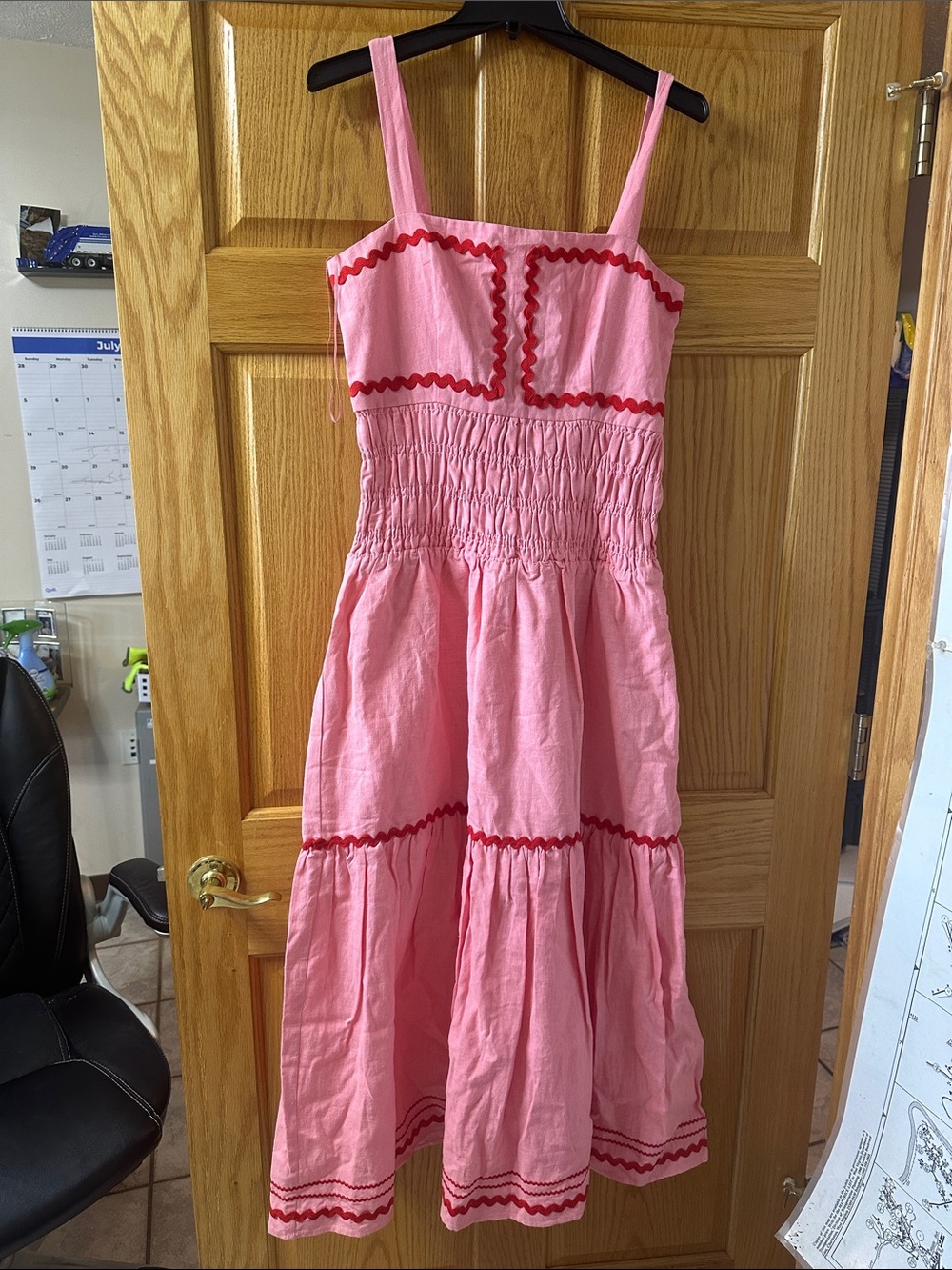 English Factory Pink Maxi Dress with Red Trim